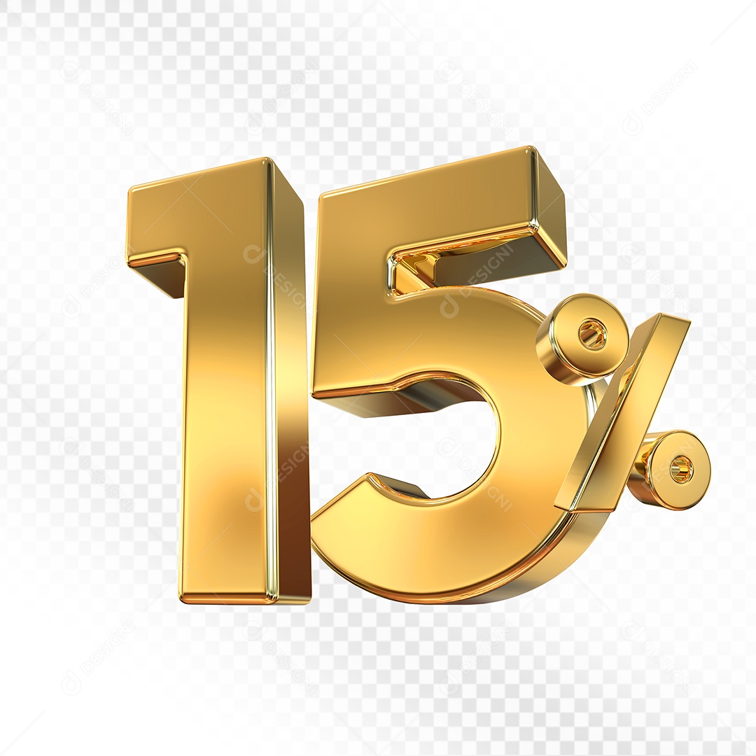 Elemento 3D Número 15% Dourado para Composição PSD