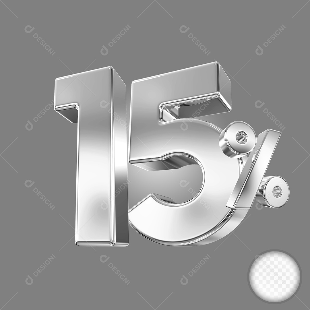 Elemento 3D Número 15% Prata para Composição PSD