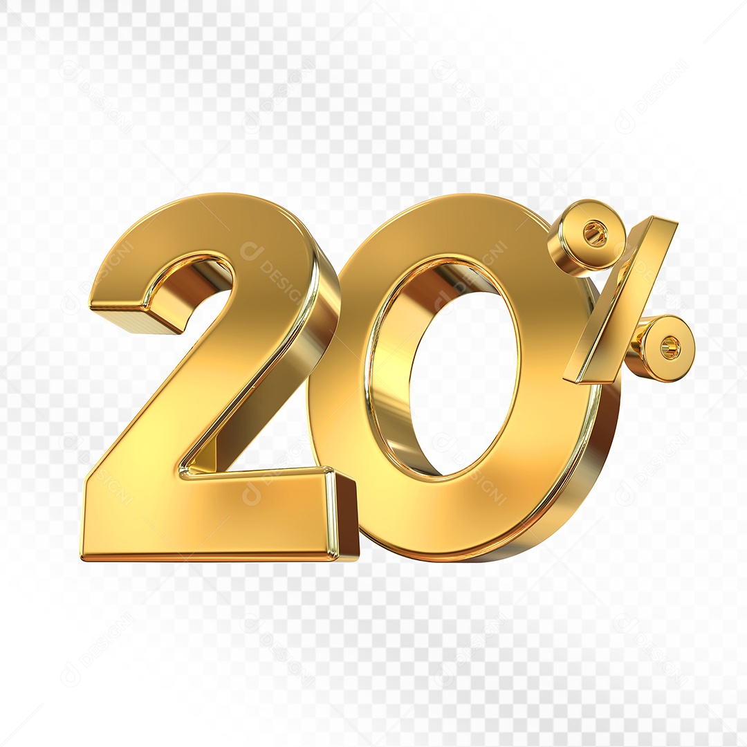Elemento 3D Número 20% Dourado para Composição PSD