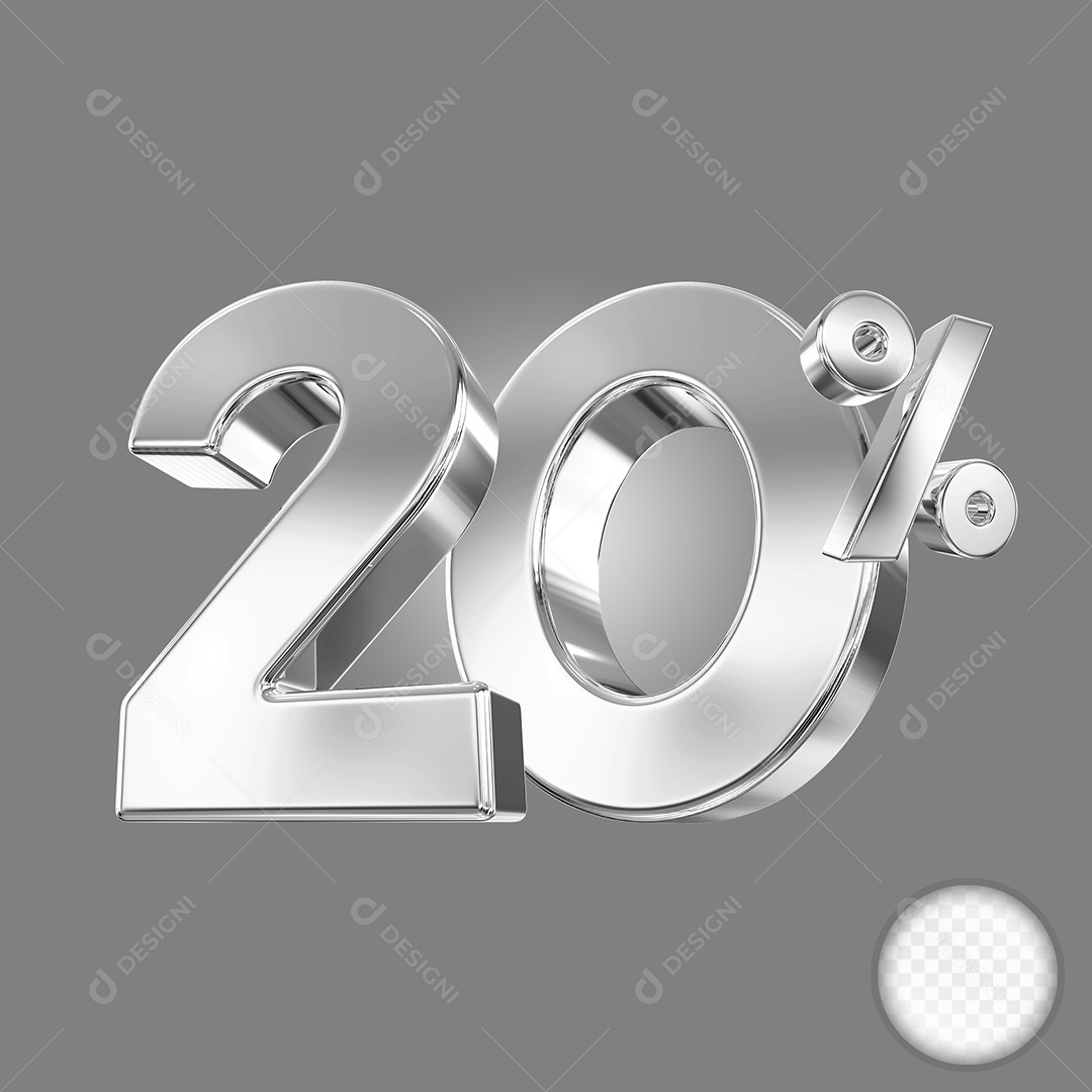 Elemento 3D Número 20% Prata para Composição PSD