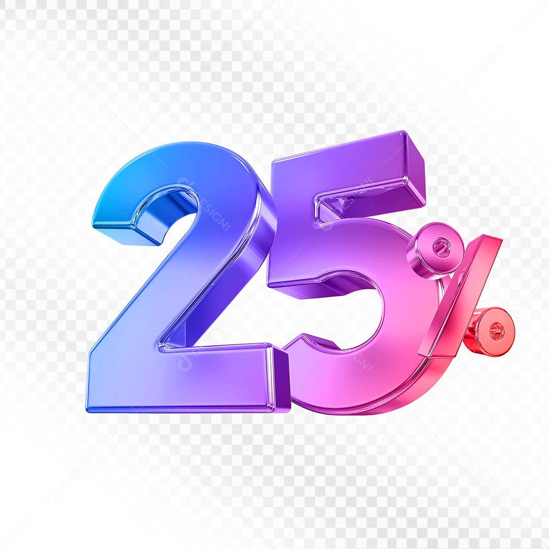Elemento 3D Número 25% Colorido para Composição PSD