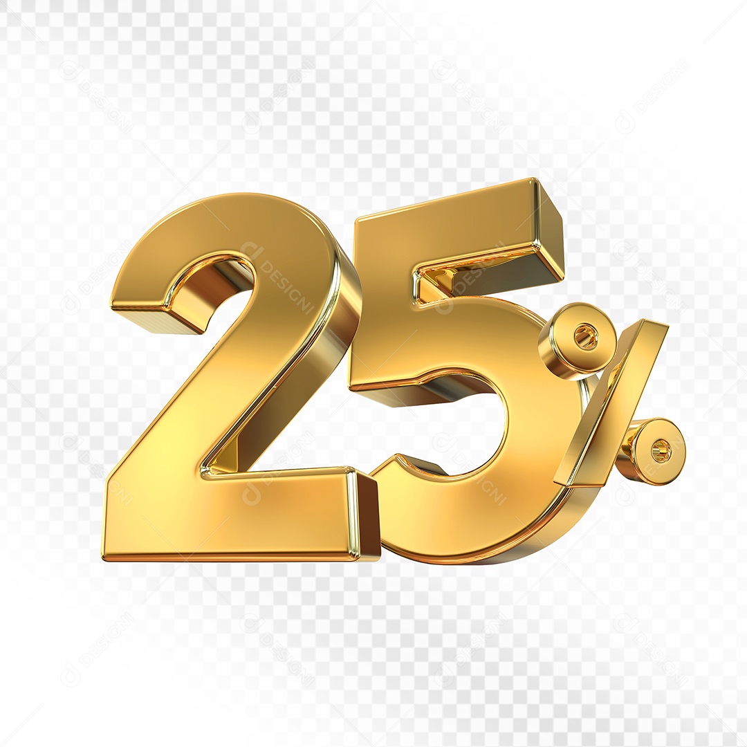 Elemento 3D Número 25% Dourado para Composição PSD