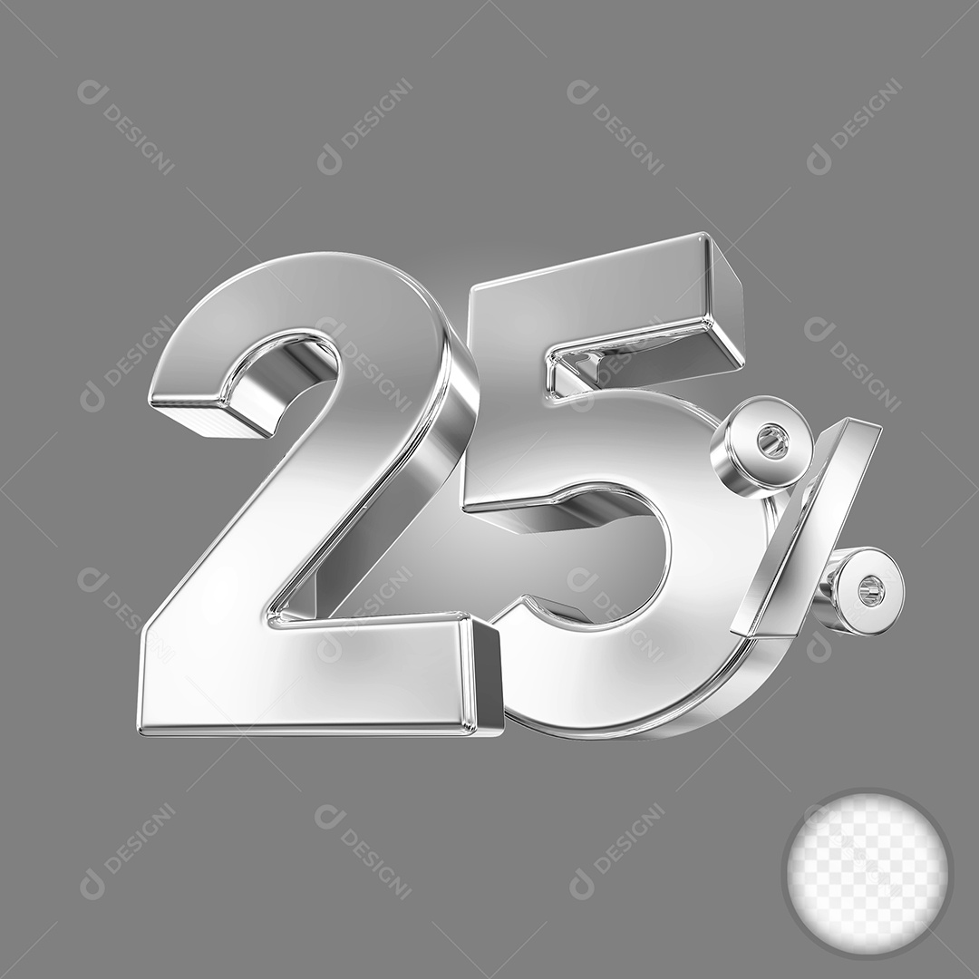 Elemento 3D Número 25% Prata para Composição PSD