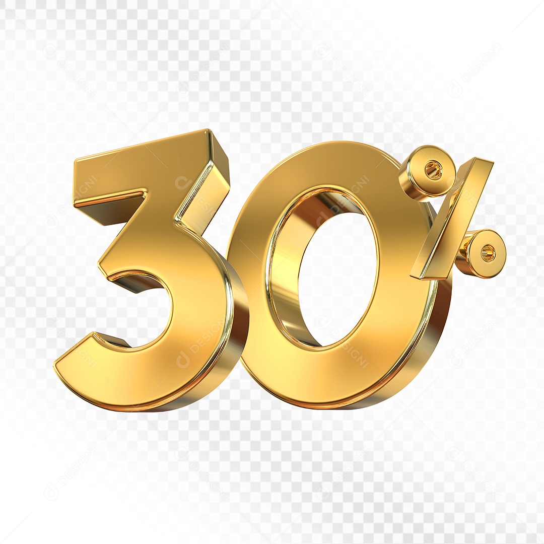 Elemento 3D Número 30% Dourado para Composição PSD