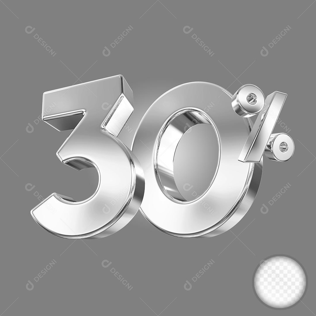 Elemento 3D Número 30% Prata para Composição PSD