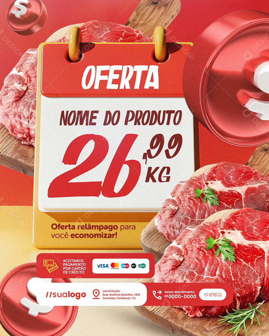 Ofertas Supermercado Açougue Oferta Relâmpago Carne Social Media PSD Editável