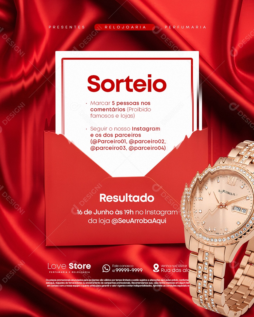 Relojoaria Perfumaria Sorteio Social Media PSD Editável