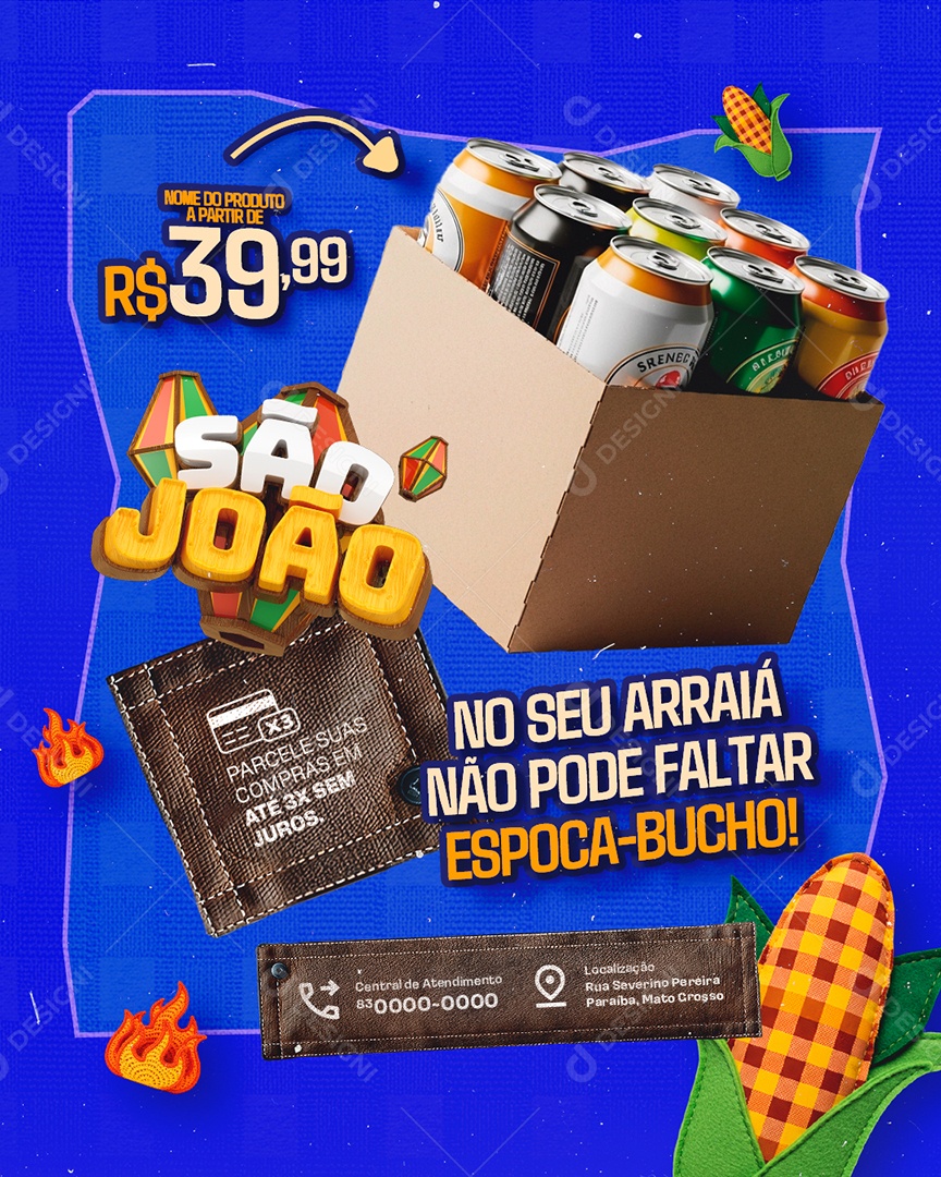 São João Supermercado Seu Arraiá Caixa de Cerveja Espoca Bucho Social Media PSD Editável