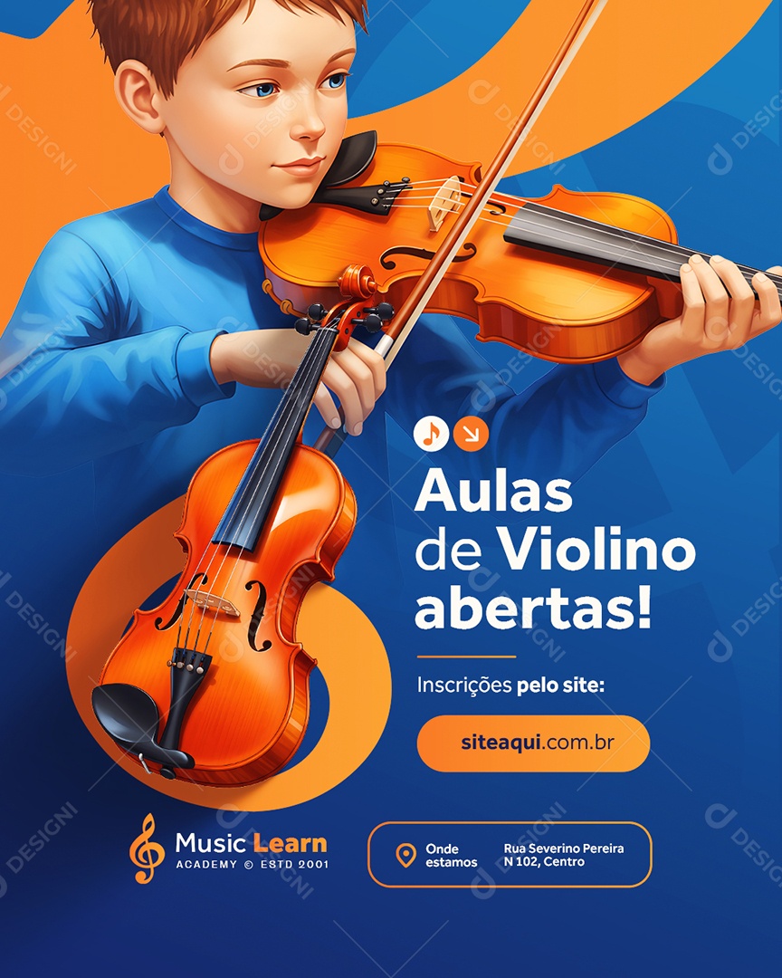 Escola de Música Aulas de Violino Abertas Social Media PSD Editável