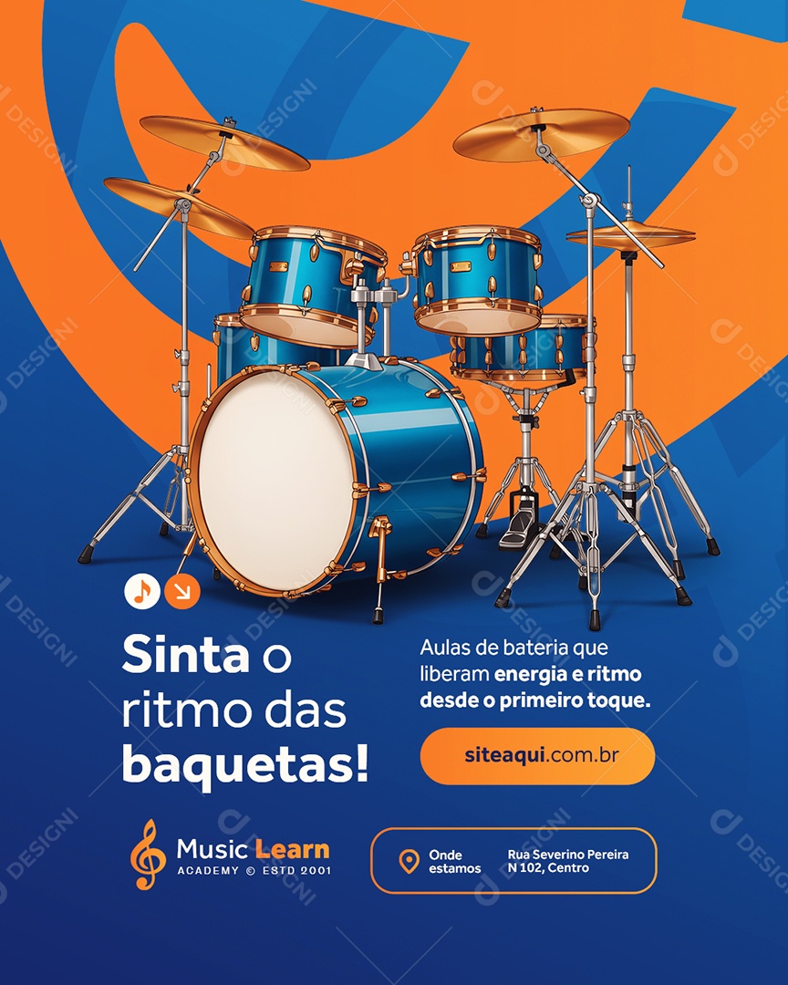 Escola de Música Sinta o Ritmo da Baqueta Aulas de Bateria Social Media PSD Editável