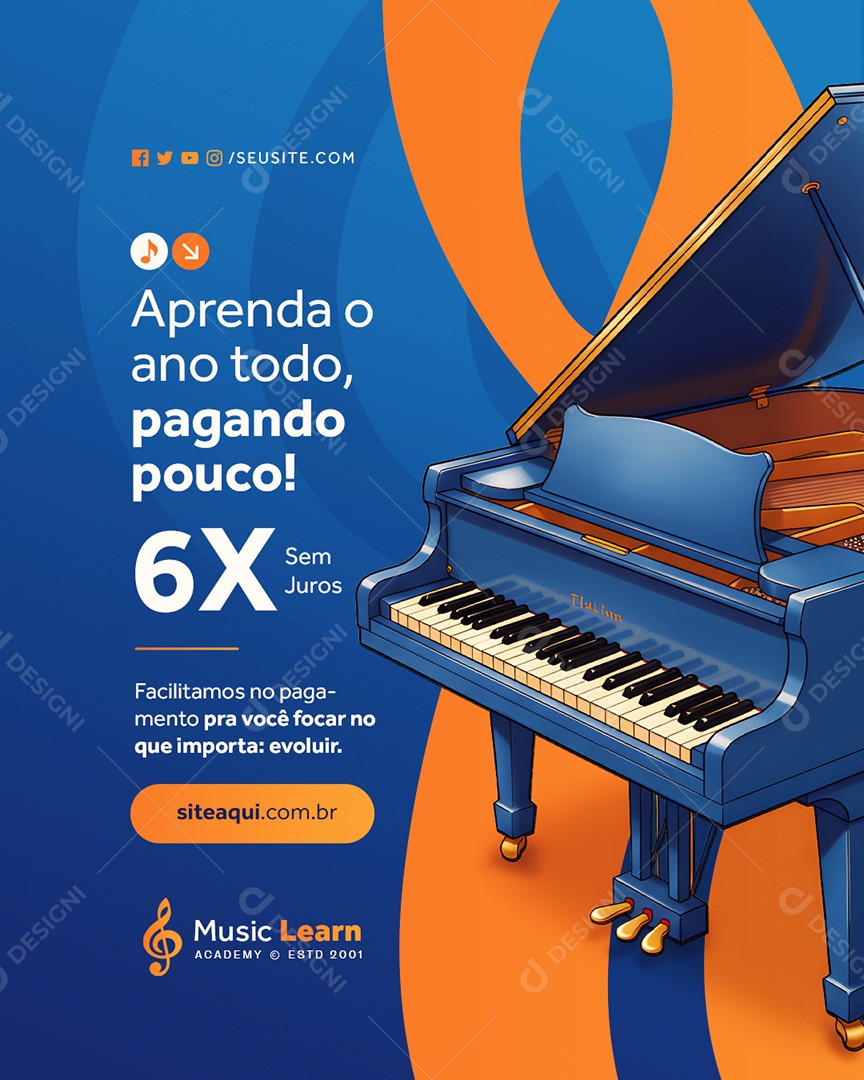 Escola de Música Aprenda o Ano Todo Piano Social Media PSD Editável