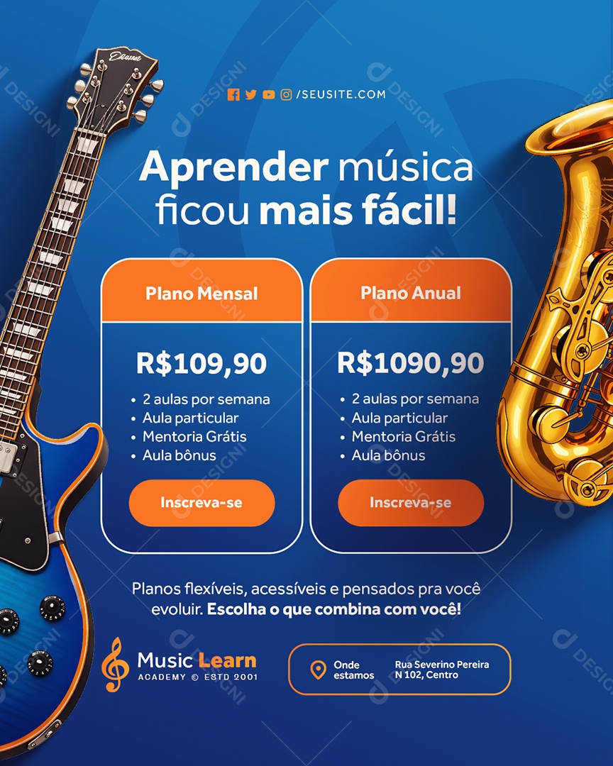 Escola de Música Aprender Música Plano Mensal Social Media PSD Editável