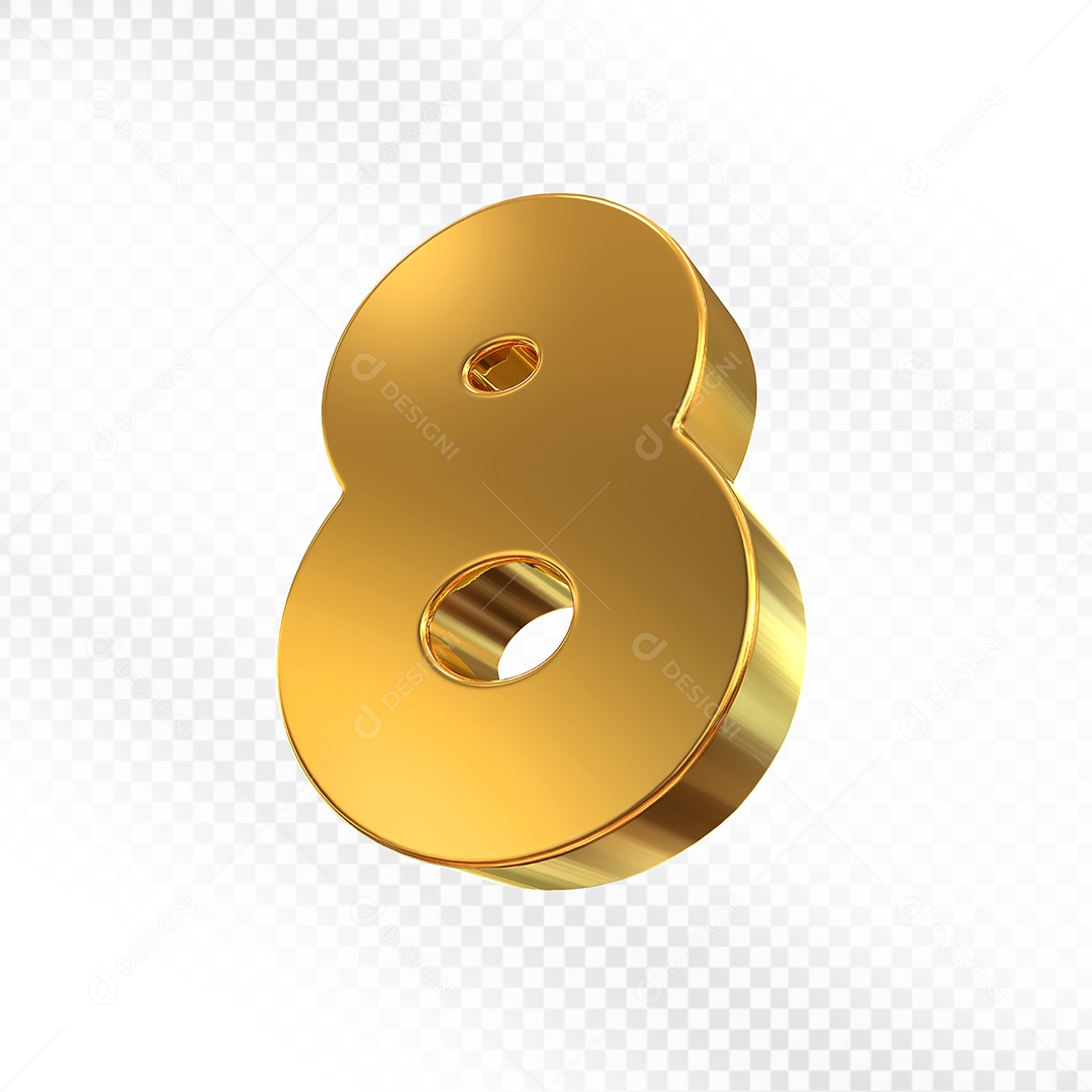 Elemento 3D Número 8 Dourado para Composição PSD