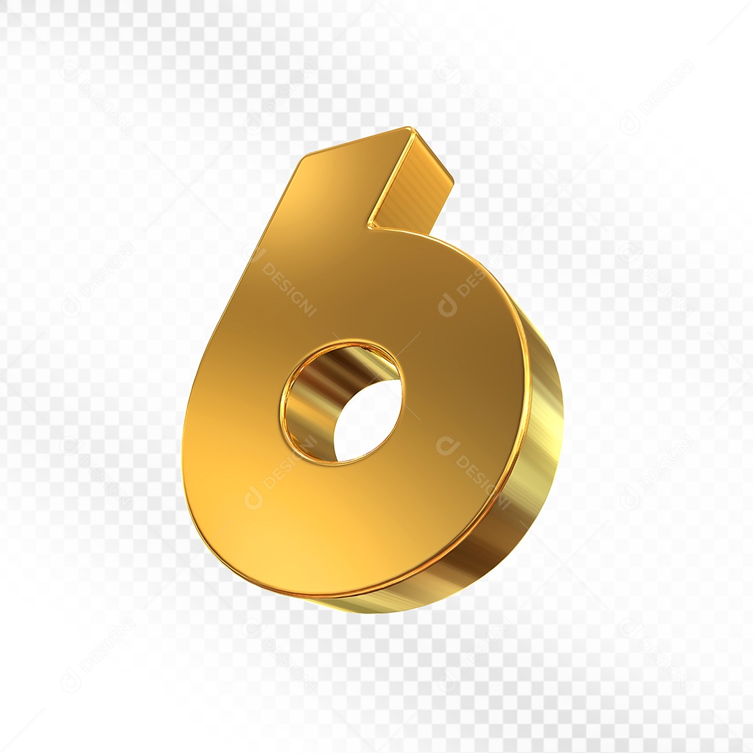 Elemento 3D Número 6 Dourado para Composição PSD