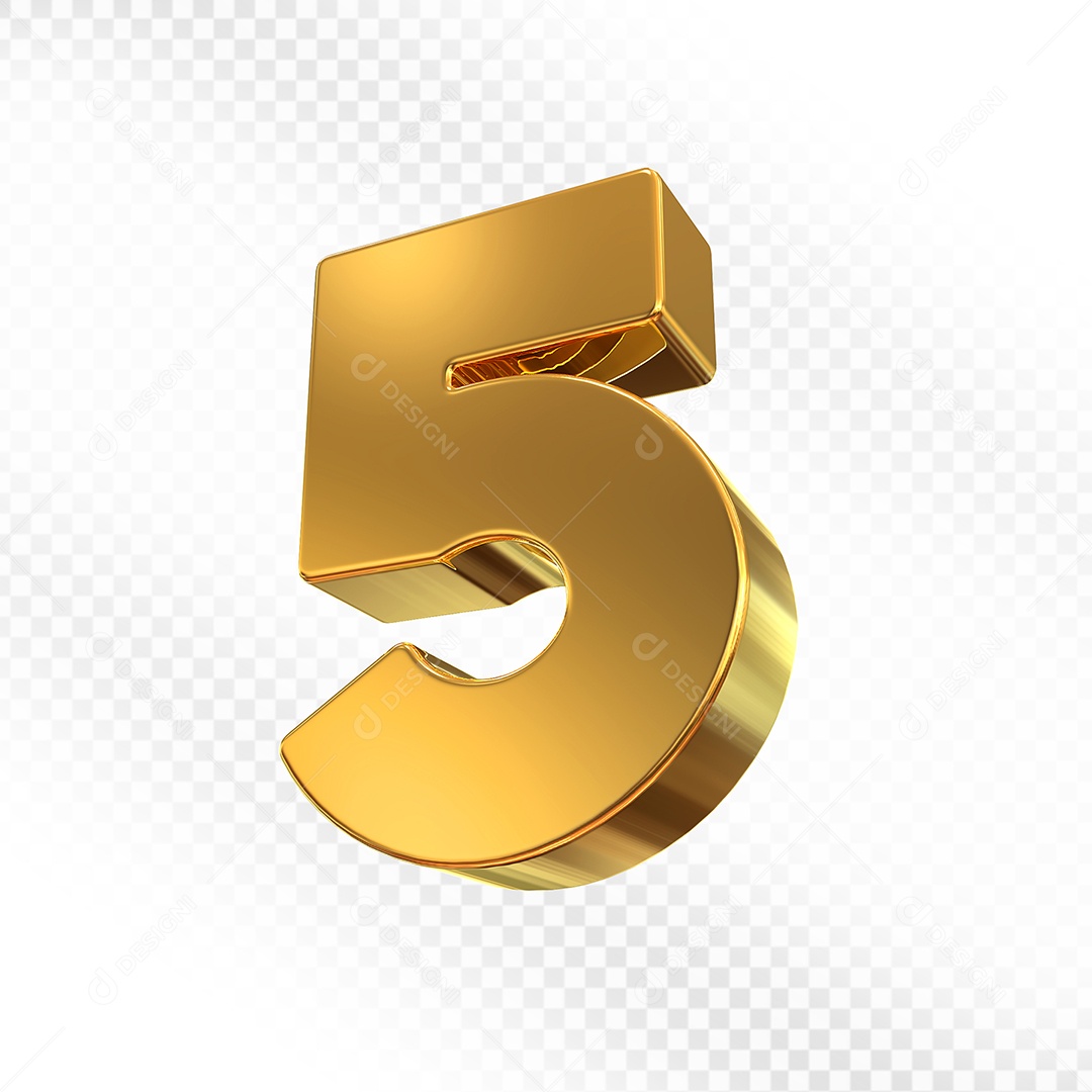 Elemento 3D Número 5 Dourado  para Composição PSD