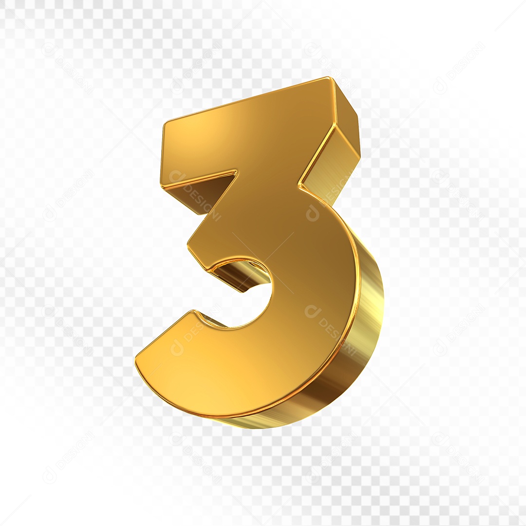 Elemento 3D Número 3 Dourado para Composição PSD