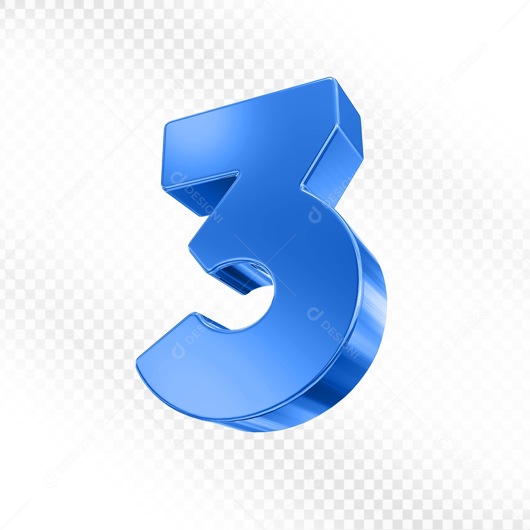 Elemento 3D Número 3 Azul para Composição PSD