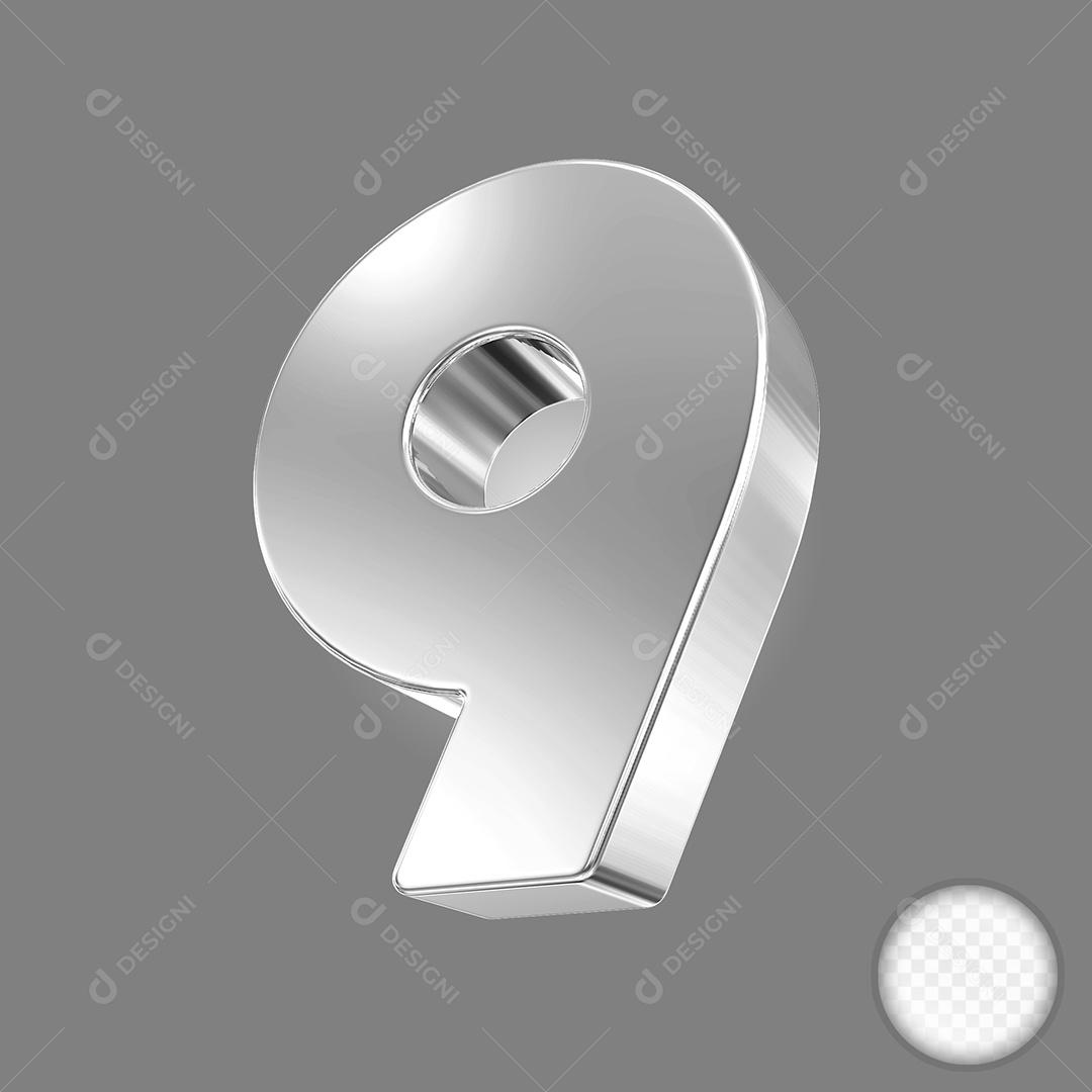 Elemento 3D Número 9 Preto para Composição PSD