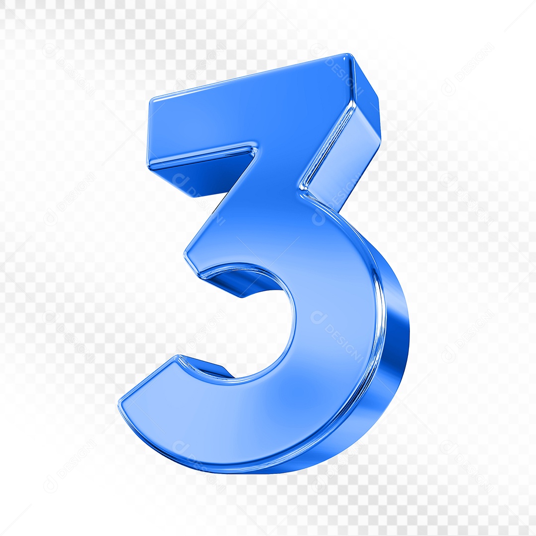Elemento 3D Número 3 Azul para Composição PSD