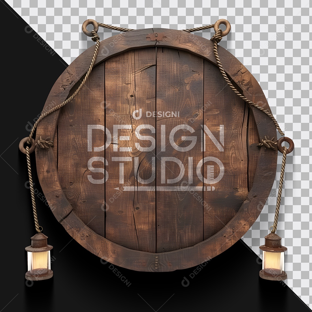 Mockup Placa Rústica de Madeira com Corda e Luzes PSD Editável