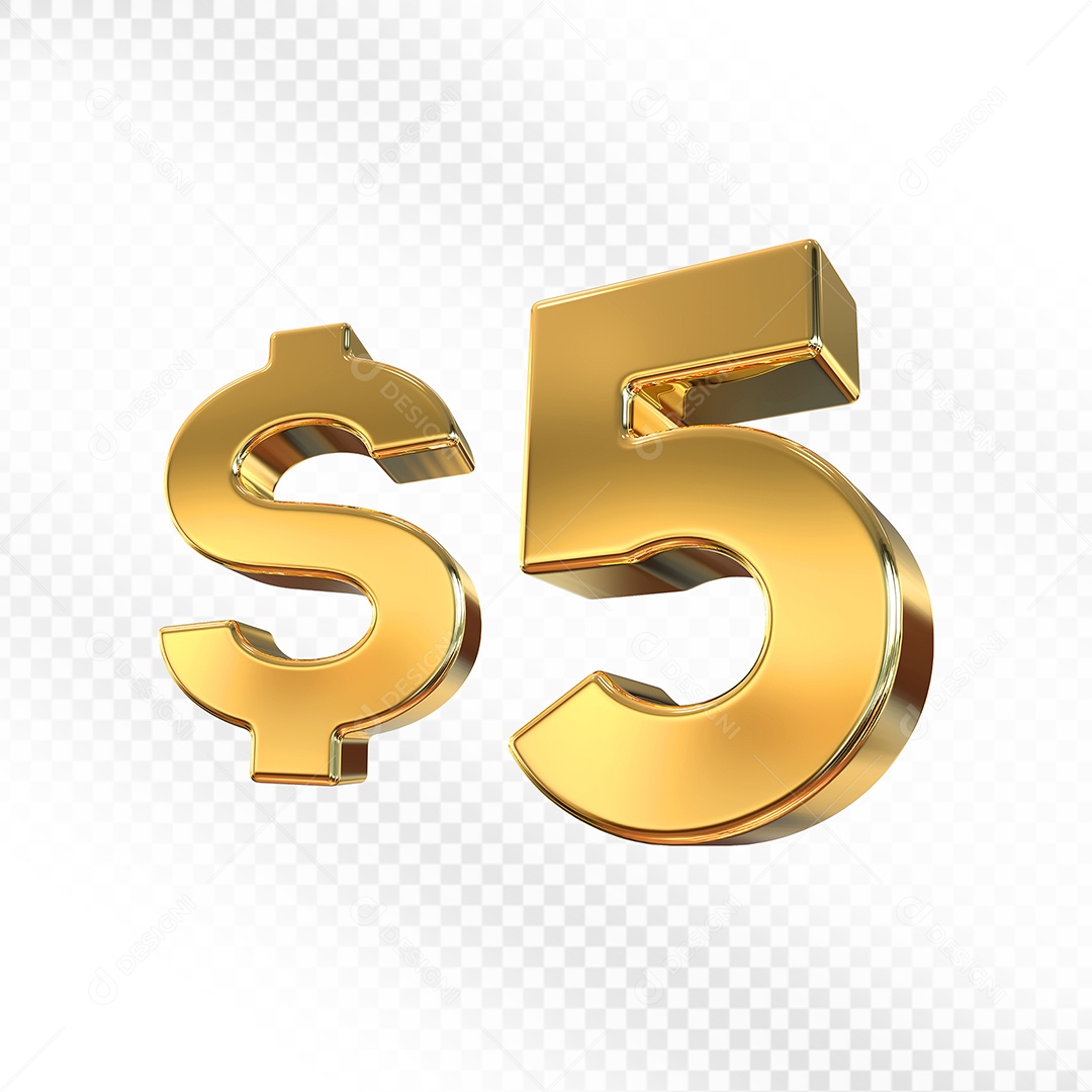 Elemento 3D Número $5 Dourado para Composição PSD