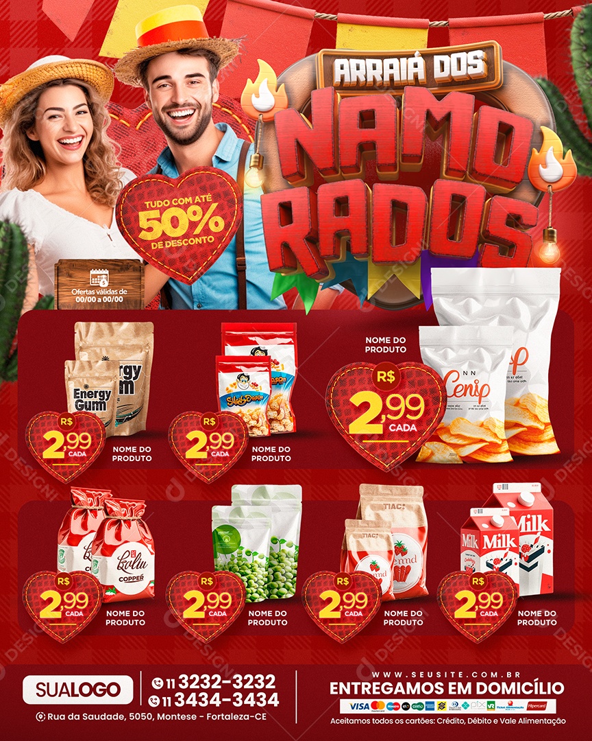 Tabloide Arraiá dos Namorados Supermercado Produtos Social Media PSD Editável