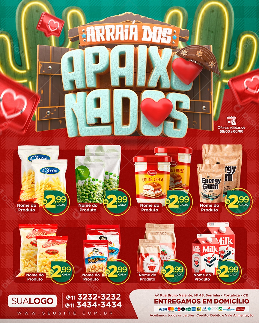 Tabloide Arraiá dos Apaixonados Supermercado Produtos Social Media PSD Editável