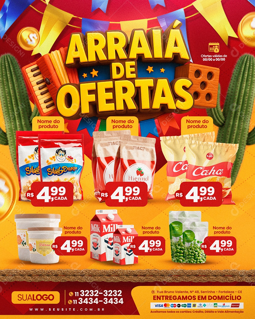 Tabloide Arraiá de Ofertas Supermercado Produtos Social Media PSD Editável