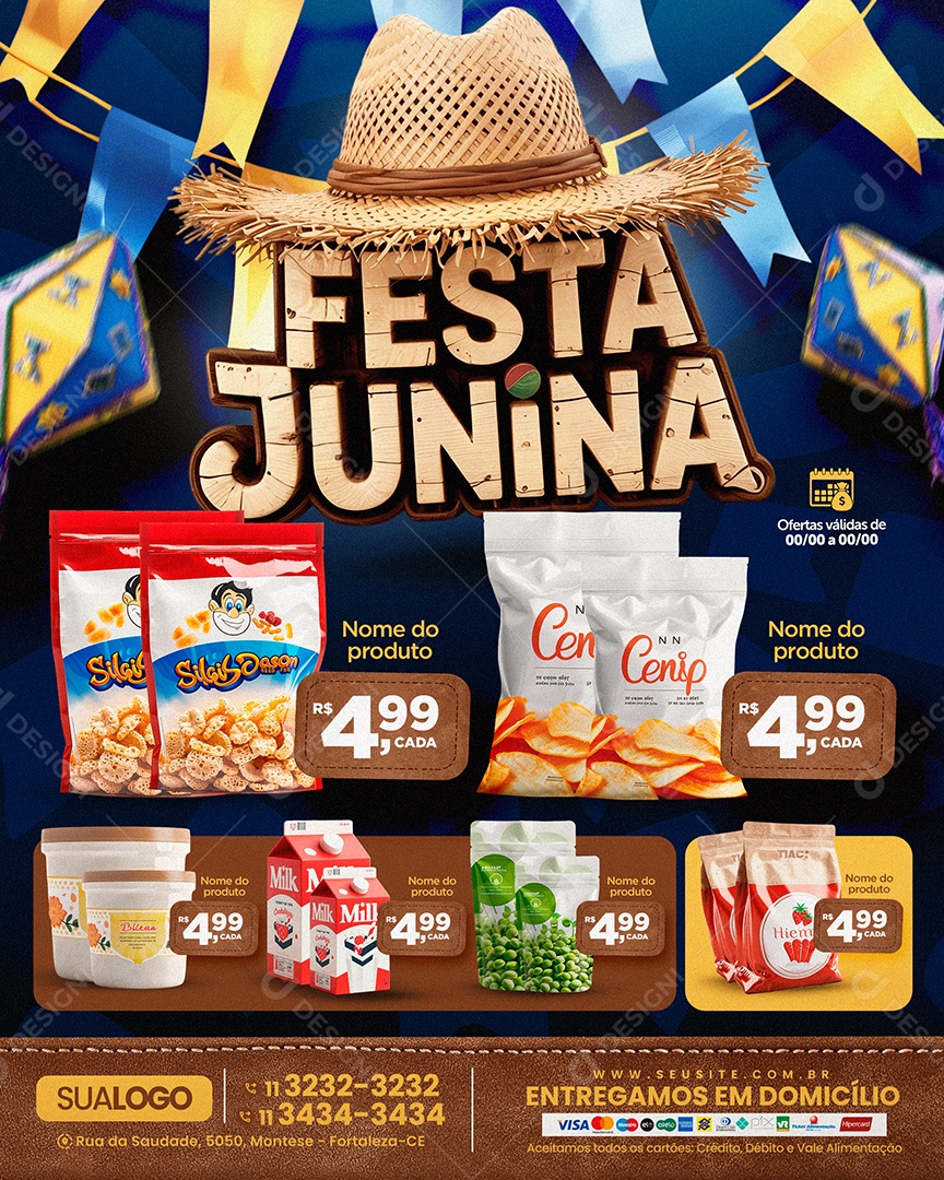 Tabloide Festa Junina Supermercado Produtos Social Media PSD Editável
