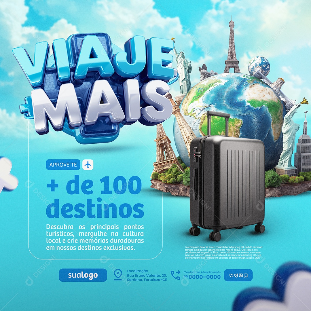 Viaje Mais Agência de Viagens Aproveite Mais de Cem Destinos Social Media PSD Editável
