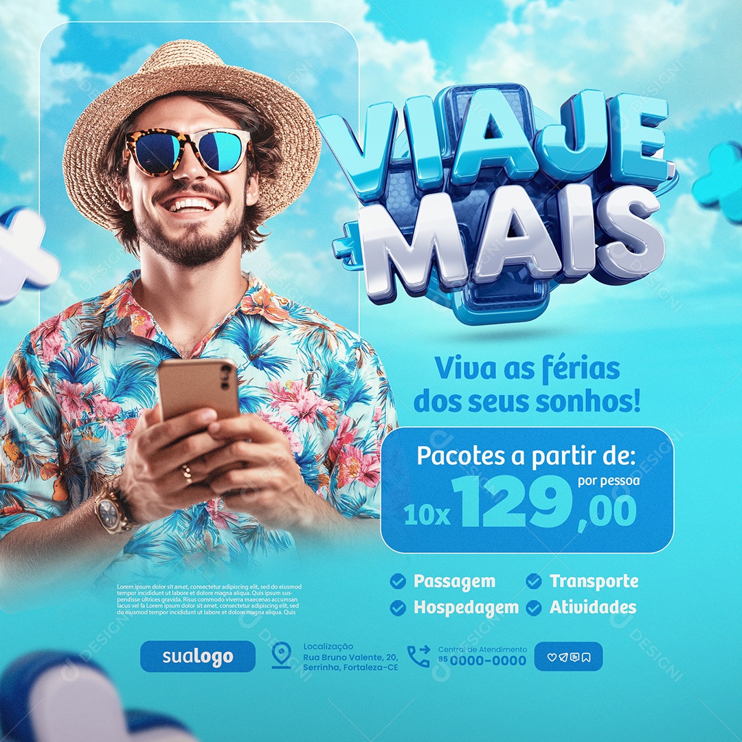 Viaje Mais Agência de Viagens Viva as Férias dos Seus Sonhos Social Media PSD Editável