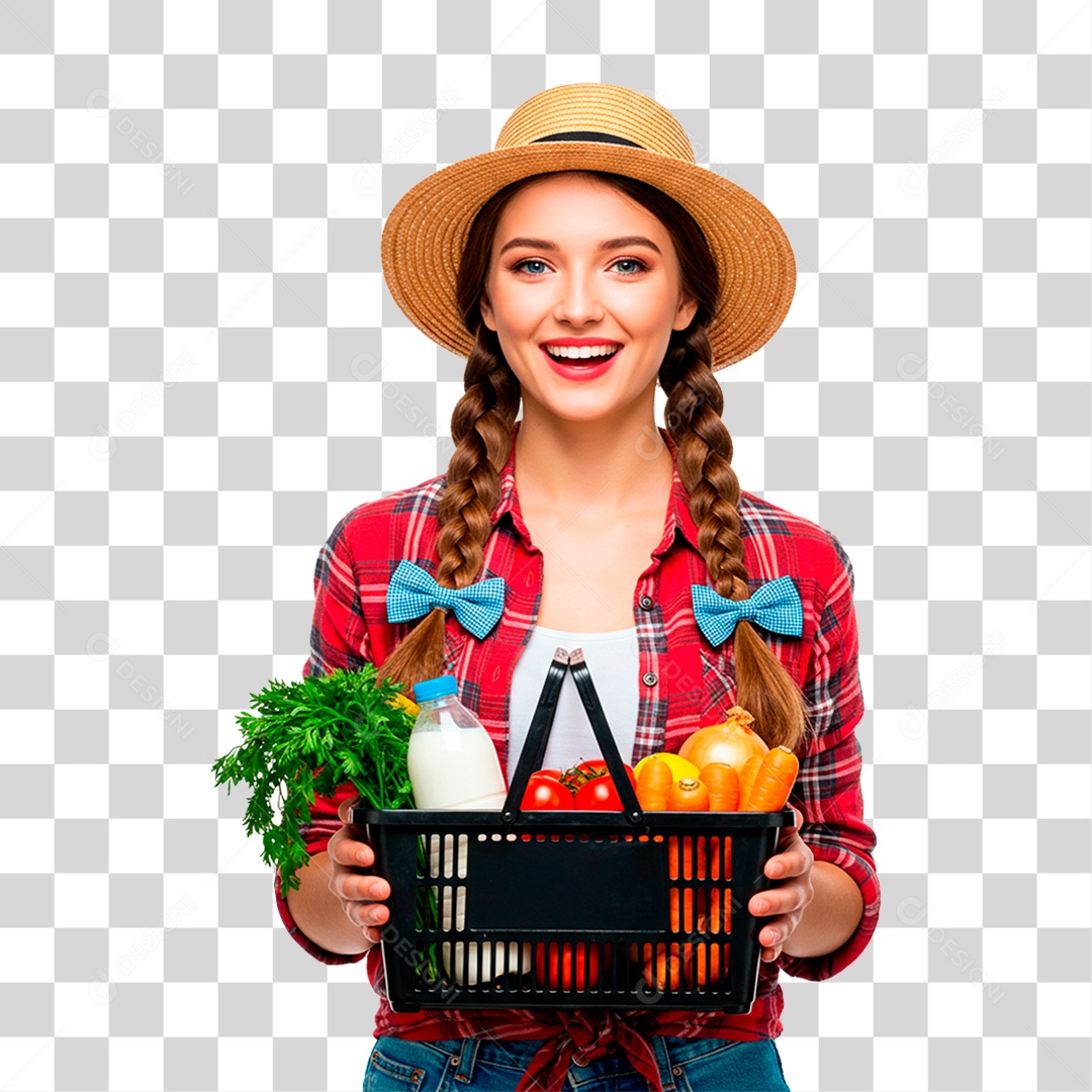 Fazendeira Segurando Cesta de Frutas PNG Transparente