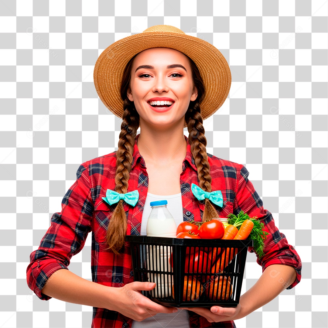 Fazendeira Segurando Cesta de Frutas PNG Transparente