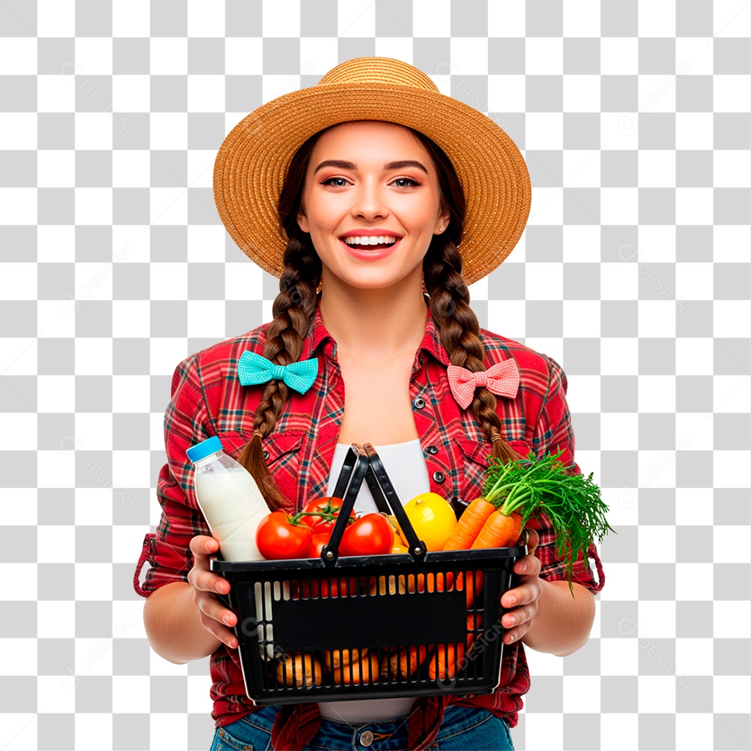 Fazendeira Segurando Cesta de Frutas PNG Transparente