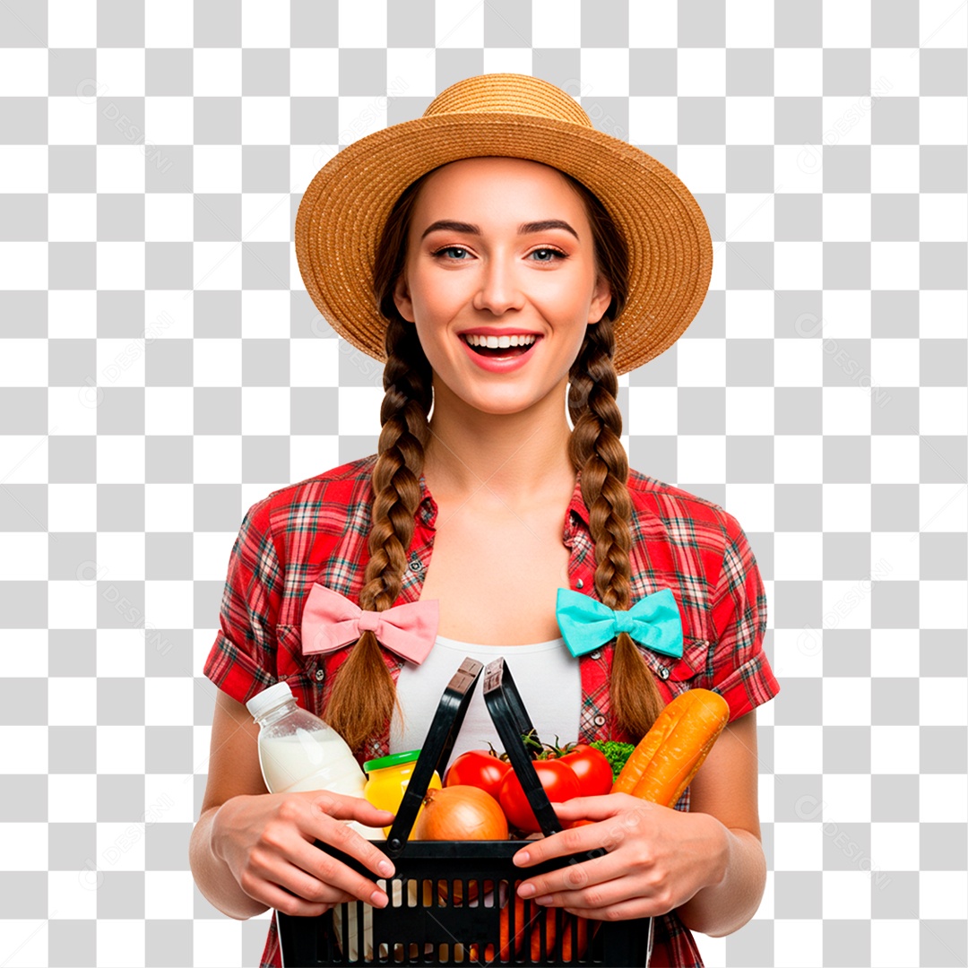 Fazendeira Segurando Cesta de Frutas PNG Transparente