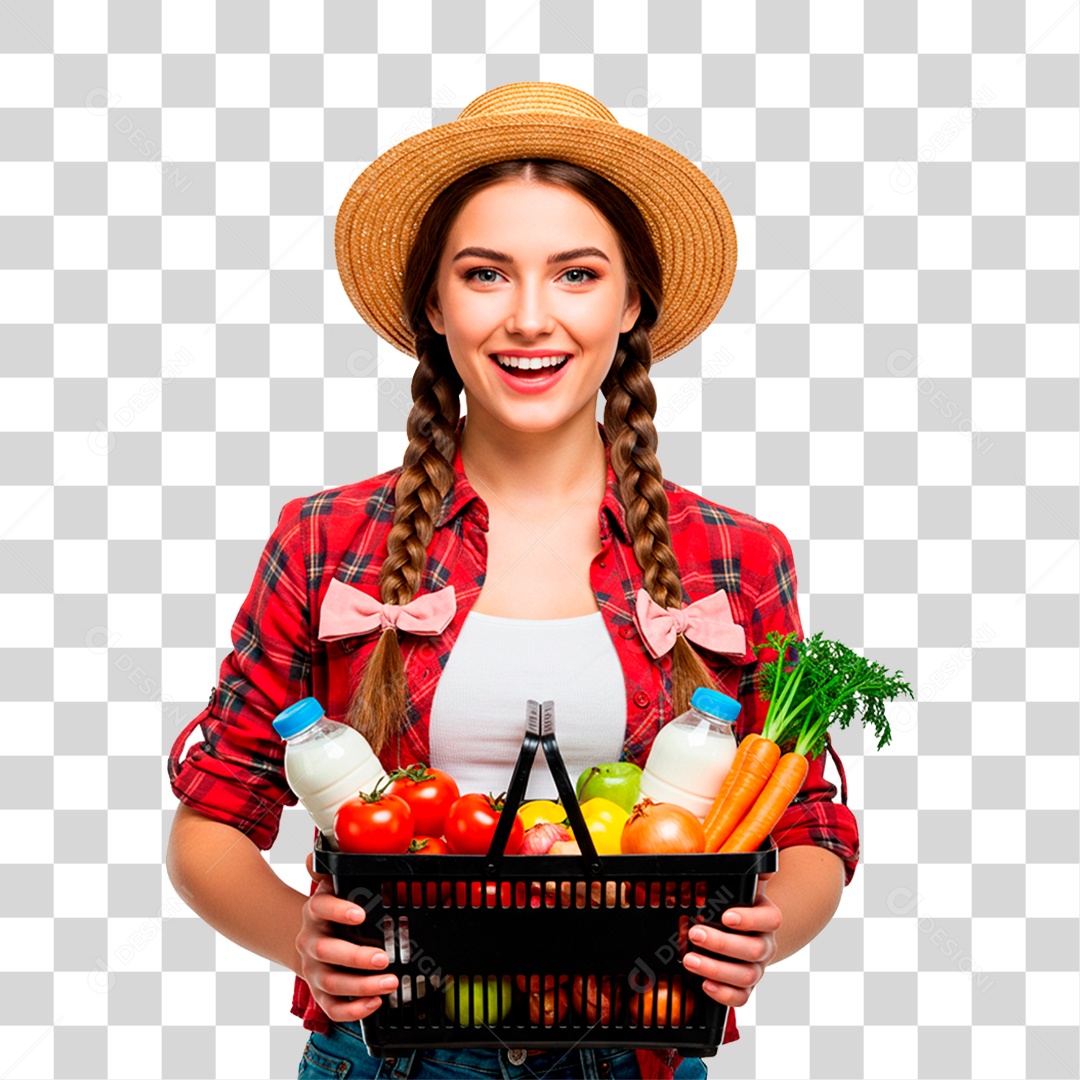 Fazendeira Segurando Cesta de Frutas PNG Transparente