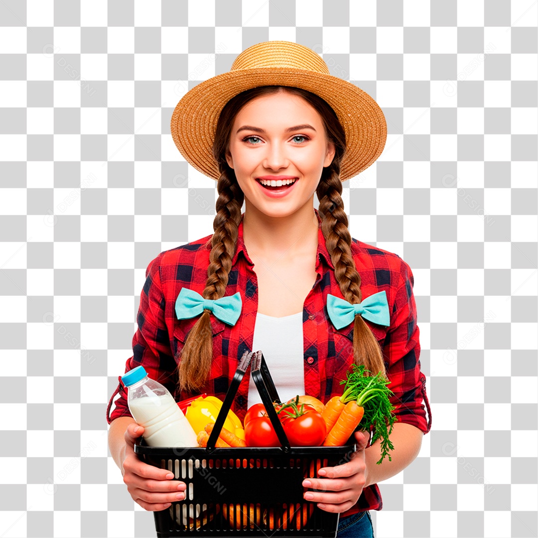 Fazendeira Segurando Cesta de Frutas PNG Transparente