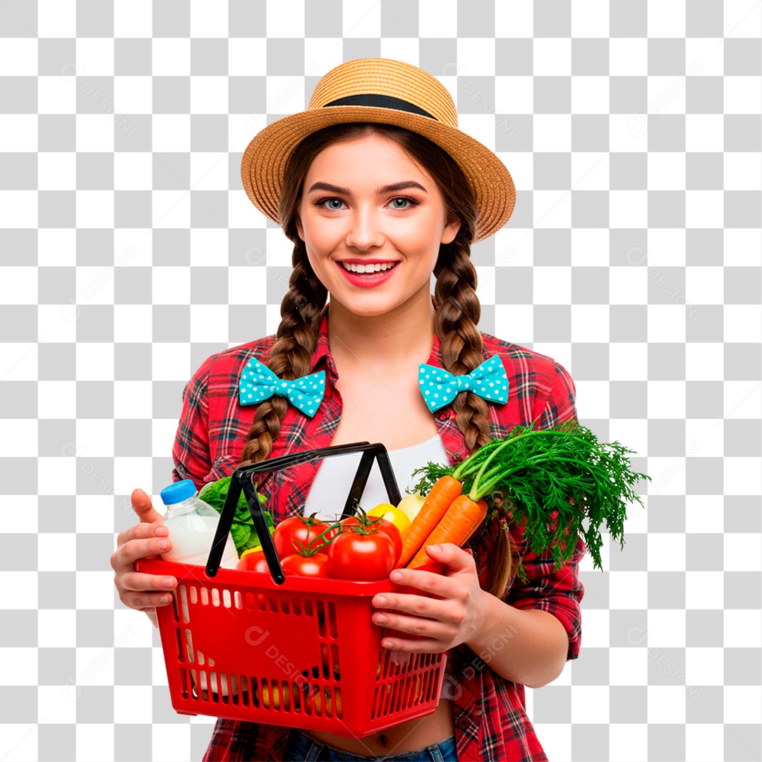 Fazendeira Segurando Cesta de Frutas PNG Transparente