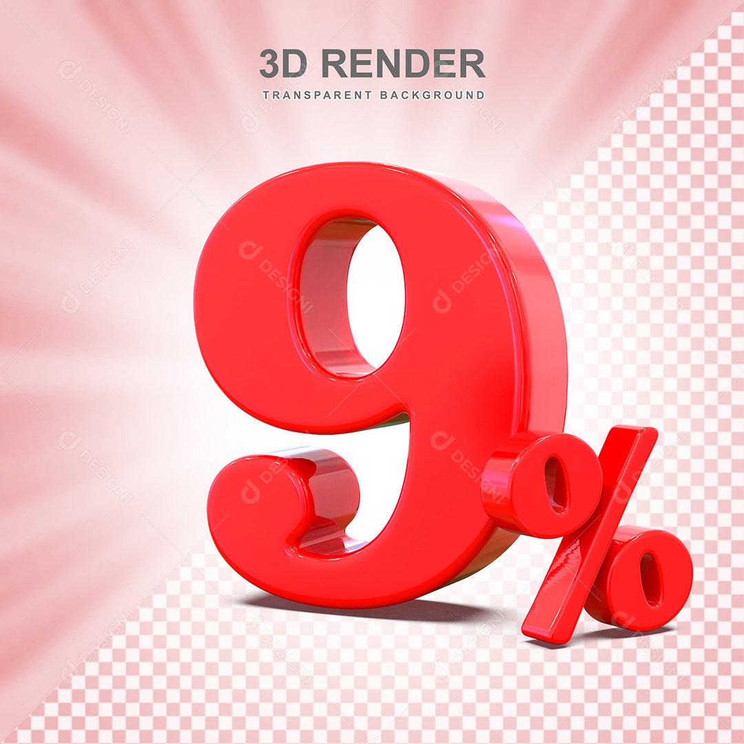 Elemento 3D Número 9% Vermelho Para Composição PSD