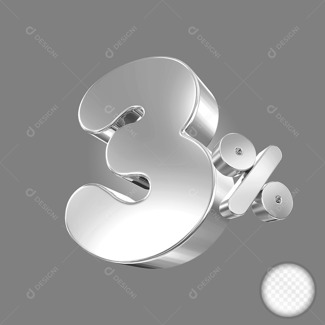 Elemento 3D Número 3% Prata Para Composição PSD