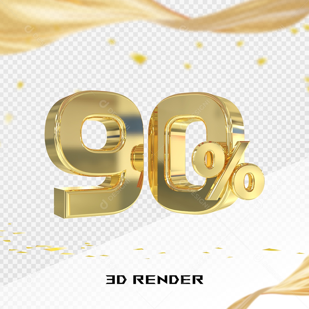 Elemento 3D Número 90% Dourado para Composição PSD
