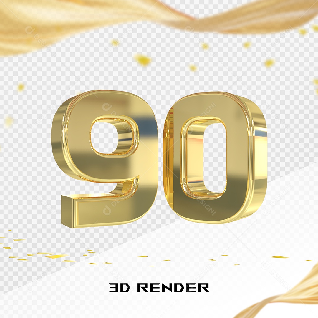 Elemento 3D Número 90 Dourado para Composição PSD