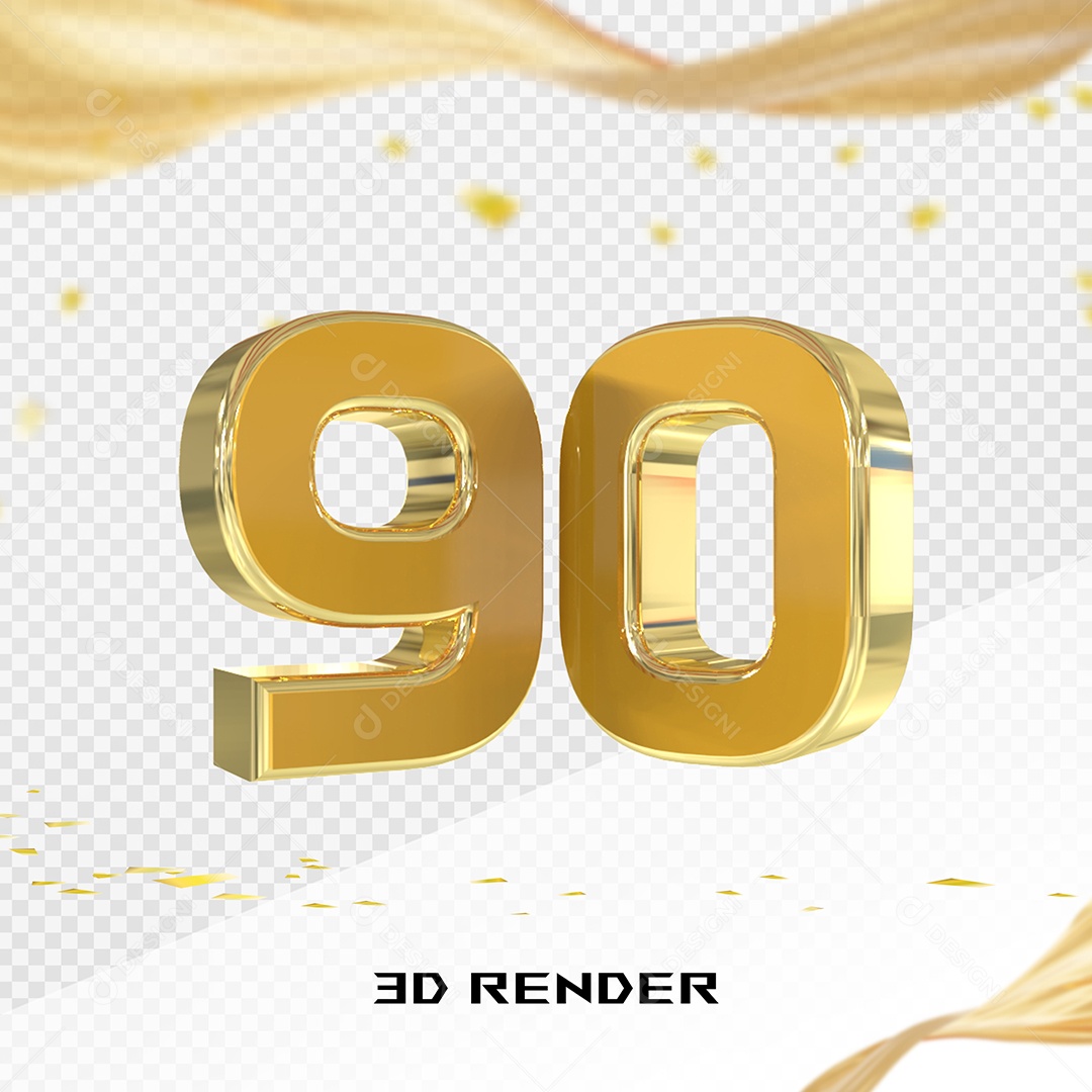 Elemento 3D Número 90 Dourado para Composição PSD