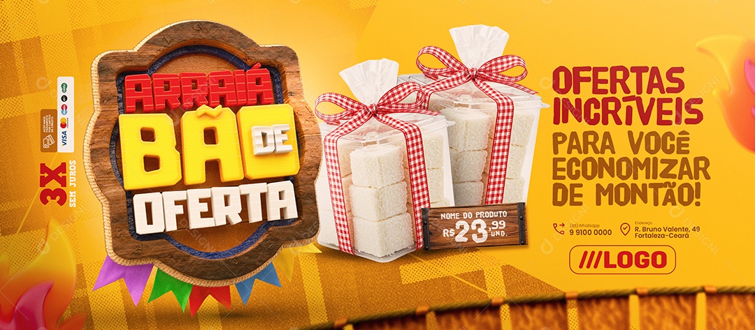 Banner Arraiá Bão de Oferta Supermercado Ofertas Incríveis Social Media PSD Editável