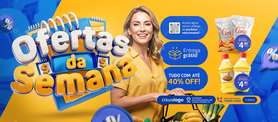 Banner Ofertas da Semana Supermercado Entrega Grátis Social Media PSD Editável