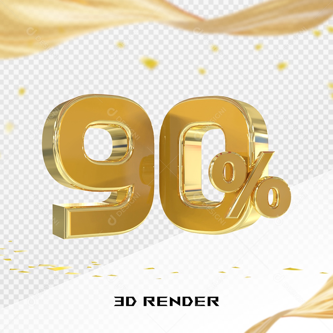 Elemento 3D Número 90% Dourado para Composição PSD
