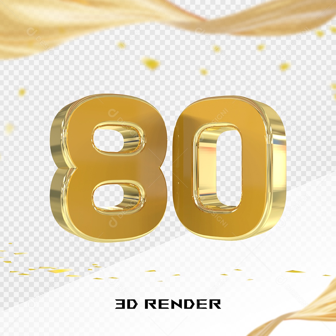 Elemento 3D Número 80 Dourado para Composição PSD