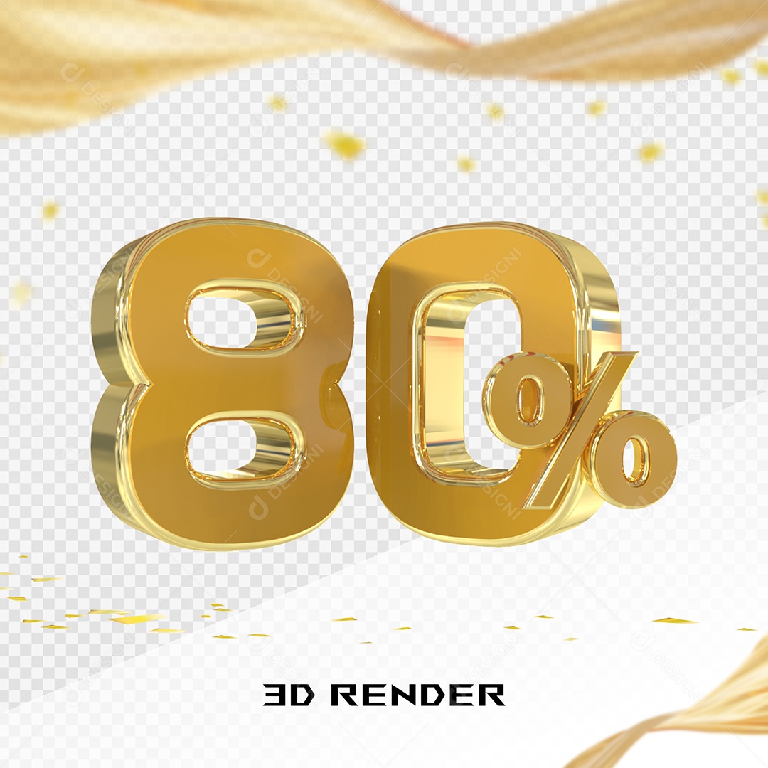 Elemento 3D Número 80% Dourado para Composição PSD