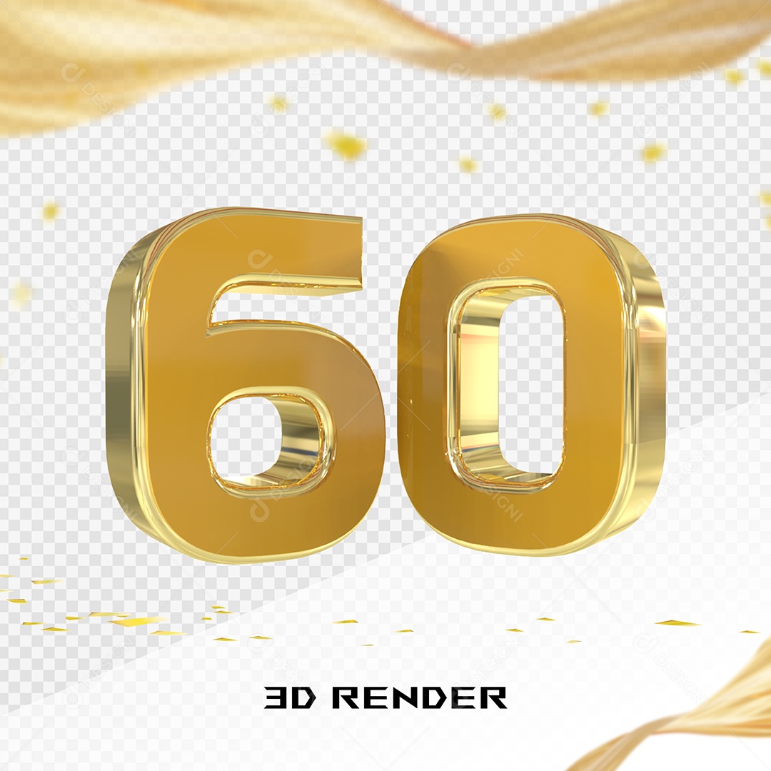 Elemento 3D Número 60 Dourado para Composição PSD