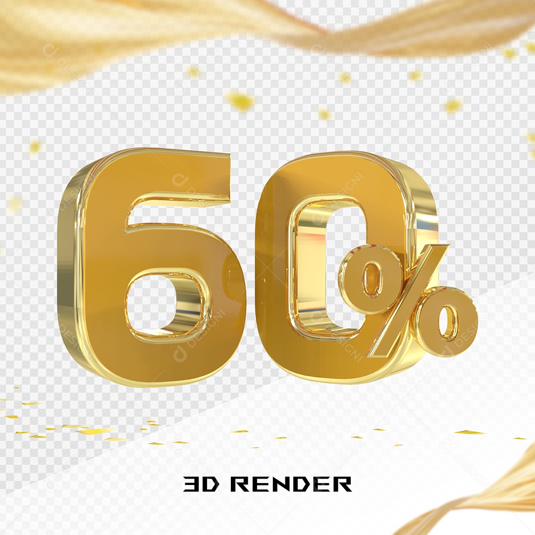Elemento 3D Número 60% Dourado para Composição PSD